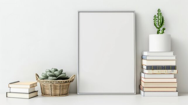 Blank Black Frame. Wooden Black Frame with plants in vases,mock up