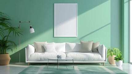 Mock up poster in modern living room interior design with cool mint green empty wall
