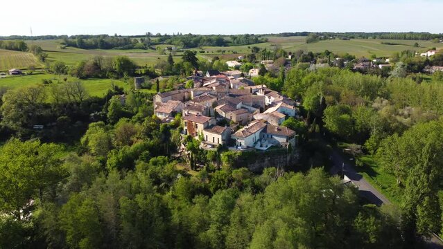 Colorful landscape view of the village of Castelmoron d'Albret in the Bordeaux region. Aerial view of the smallest village in France.