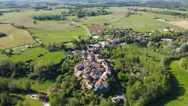 Colorful landscape view of the village of Castelmoron d'Albret in the Bordeaux region. Aerial view of the smallest village in France.