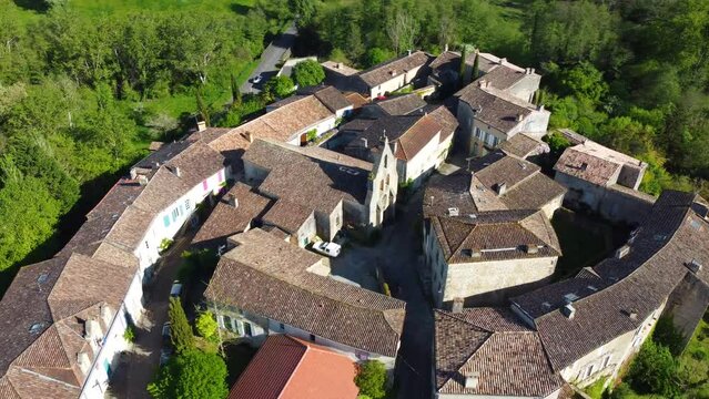 Colorful landscape view of the village of Castelmoron d'Albret in the Bordeaux region. Aerial view of the smallest village in France.