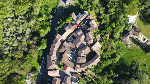 Colorful landscape view of the village of Castelmoron d'Albret in the Bordeaux region. Aerial view of the smallest village in France.
