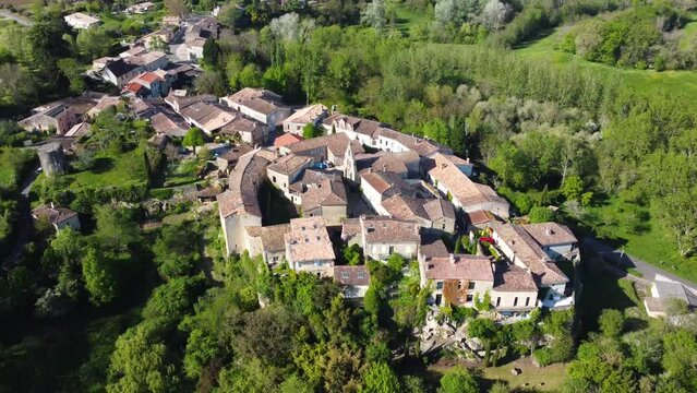 Colorful landscape view of the village of Castelmoron d'Albret in the Bordeaux region. Aerial view of the smallest village in France.