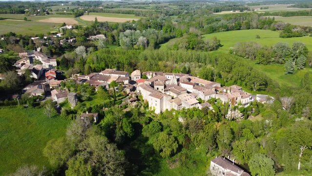 Colorful landscape view of the village of Castelmoron d'Albret in the Bordeaux region. Aerial view of the smallest village in France.