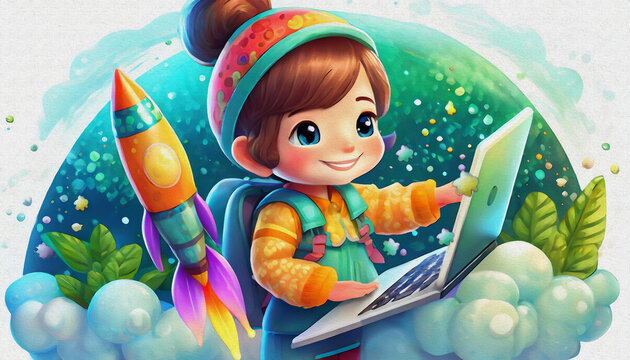 OIL PAINTING STYLE CARTOON CHARACTER CUTE baby Launching space rocket from laptop,