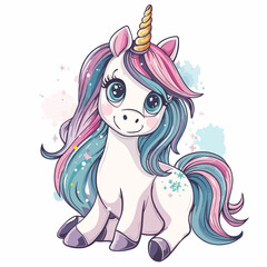 Cute cartoon unicorn with rainbow hair. Hand drawn vector illustration.