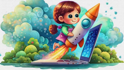 Foto op Canvas OIL PAINTING STYLE CARTOON CHARACTER CUTE baby Launching space rocket from laptop, © stefanelo