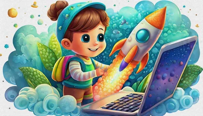 Fotobehang OIL PAINTING STYLE CARTOON CHARACTER CUTE baby Launching space rocket from laptop, © stefanelo