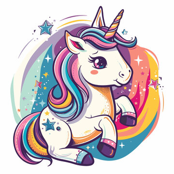 Cute cartoon unicorn with rainbow horn and stars. Vector illustration.