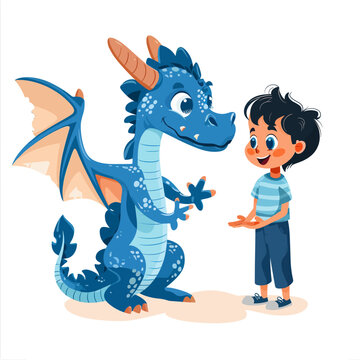 Cute little boy and cute blue dragon cartoon character vector Illustration
