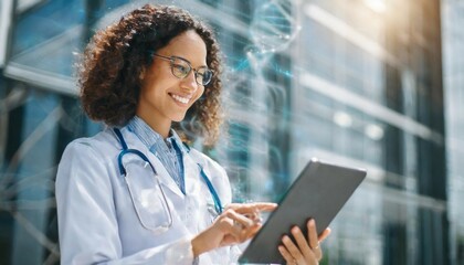 Medicine doctor touching electronic medical record on tablet. DNA. Digital healthcare and network connection on hologram modern virtual screen interface, medical technology and network concept.