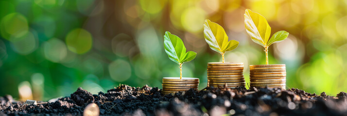 Materials for financial and business concept, coins stack growing up on the ground with a green tree plant bokeh background, closeup of coins in a row - obrazy, fototapety, plakaty
