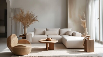 living room interior with design modular sofa, rattan armchair, dried flowers in vase, coffee table, decoration 