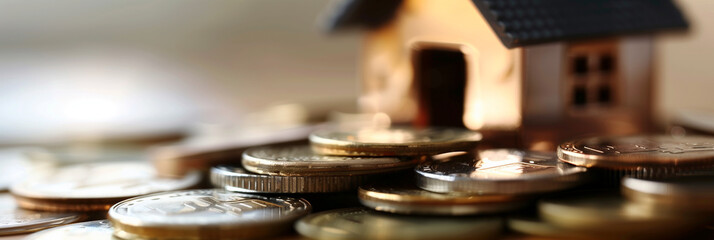 A closeup of coins and a miniature house, symbolisng the concept of home in the real estate business