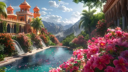 Fotobehang Majestic Hanging Gardens with lush exotic flowers and serene waterfalls © Yusif