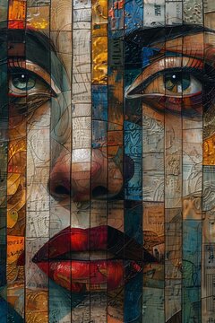 A close-up of a vibrant mosaic of a woman's face with striking features, composed of variously colored and textured tiles, each inscribed with musical scores and cryptic symbol