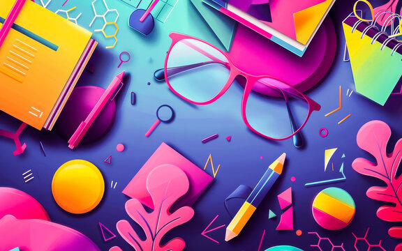 Vibrant abstract image with school supplies, glasses and colorful shapes, perfect for a modern, creative backdrop.