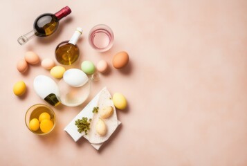 Composition with bottle of wine, glass and Easter eggs on color background