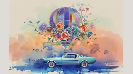 Surreal watercolor illustration of a vintage car lifted by a vibrant floral hot air balloon
