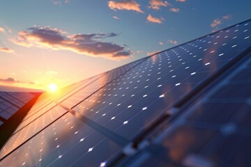 Solar panels reflect sparkling light from the sun. Clean energy and environment