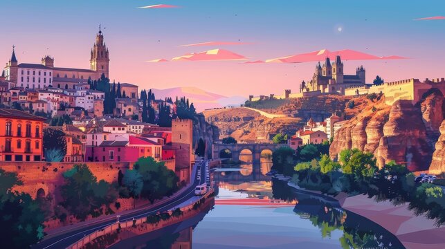 Colorful illustration of a vibrant cityscape with historical architecture and river