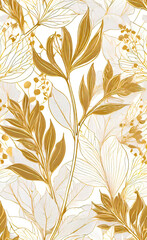 Vector illustration, modern simple geometric seamless pattern with golden line plant texture on white background, Light abstract wallpaper, background for smartphone,
