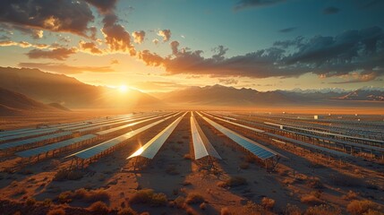 Sunset over vast solar farm in the desert with mountains in the background