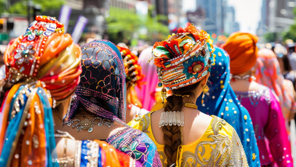 Bright and colorful image capturing a group of people in traditional Indian attire at a cultural festival or parade.