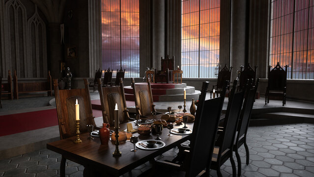 Dining table set for a banquet in an old medieval royal throne room. 3D rendered illustration.
