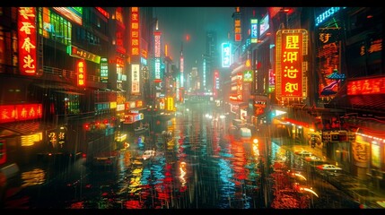 Futuristic cityscape submerged in water with neon signs reflecting vibrant colors
