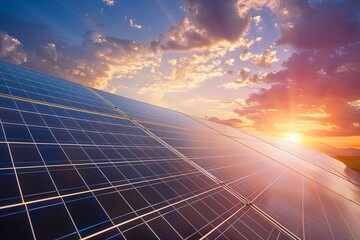 Blue solar panels over blue sky close up. Alternative renewable clean green power