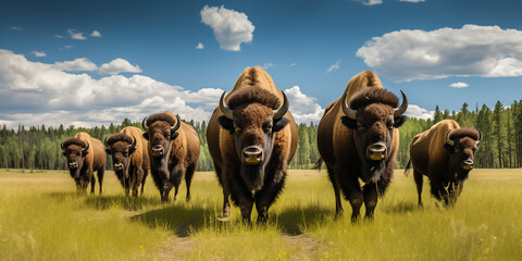 A group of bison grazing peacefully in a sun-drenched meadow, their strong familial bonds evident in their close-knit herd dynamics.