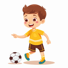 Cute little boy playing soccer. Cartoon vector illustration isolated on white background.