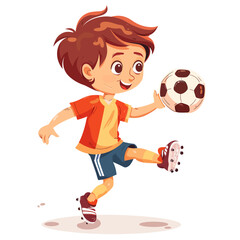 Cute little boy playing soccer. Cartoon vector illustration isolated on white background.