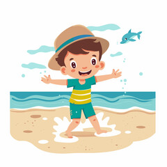 Obraz na płótnie Canvas Cute little boy playing on the beach. Vector cartoon character illustration