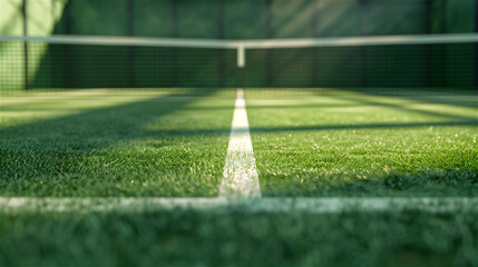 Low perspective view on empty tennis court with net and white line. - obrazy, fototapety, plakaty