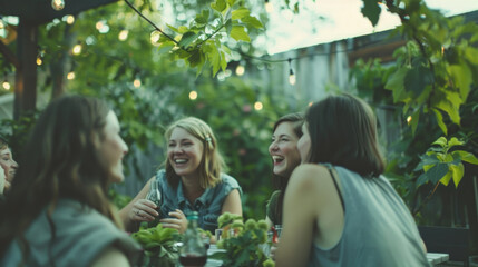A group of friends share laughs and drinks at an outdoor dinner party embellished with twinkling string lights