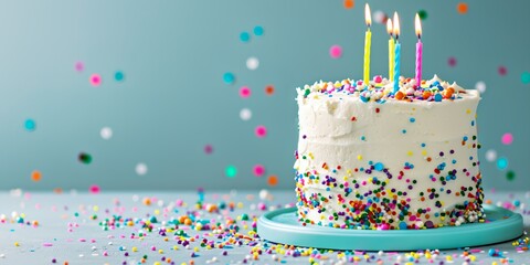 Birthday cake with candles on top and colorful sprinkles all over the table