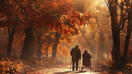 Two individuals walking along a forest trail surrounded by orange trees and bushes on autumn sunny...