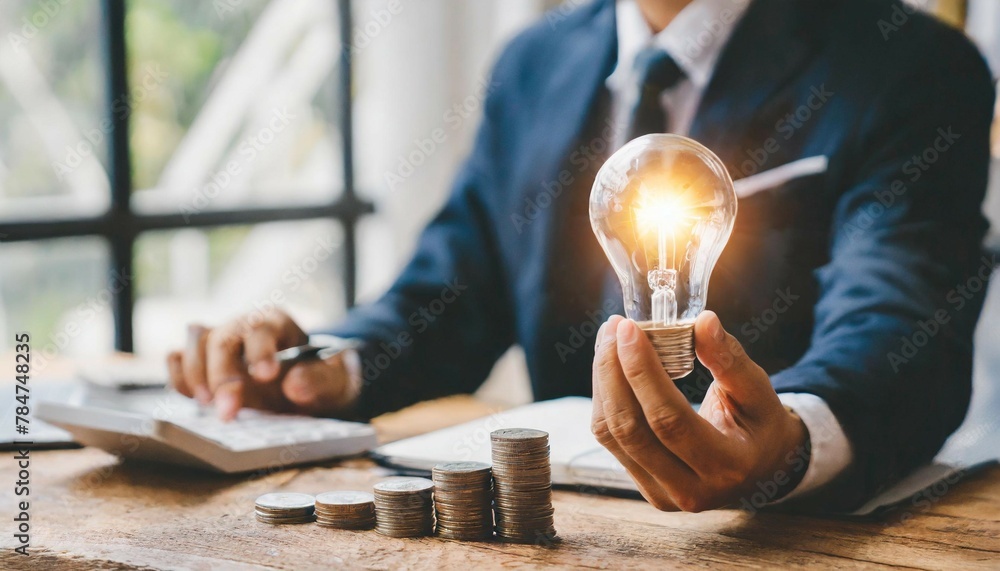 Aufkleber business man hand holding lightbulb with using calculator to calculate and money stack. idea saving 
