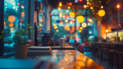 An empty cozy cafe in the evening with burning lights - obrazy, fototapety, plakaty