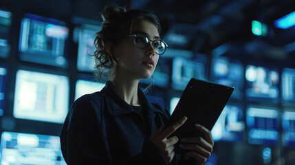 A focused young woman stands in a dark, illuminated control room, holding and looking at a tablet, surrounded by screens displaying data