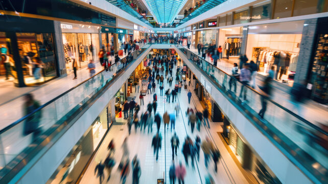 busy shopping scene with motion blur of people taking advantage of holidays sales, illustrating the commercial aspect of the holiday