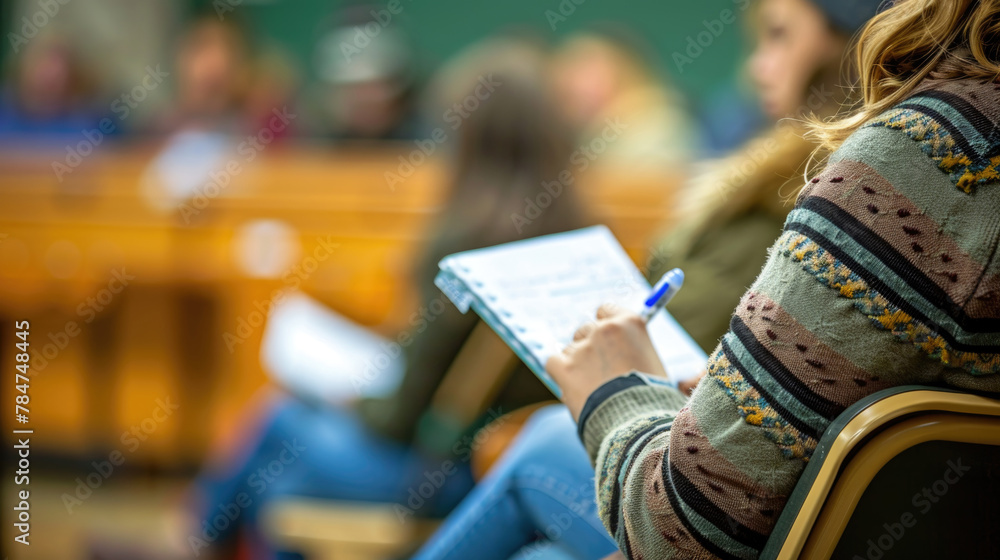 Poster a focused student is jotting down notes on a clipboard while attending a college lecture, capturing 