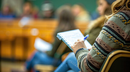 A focused student is jotting down notes on a clipboard while attending a college lecture, capturing key points for study