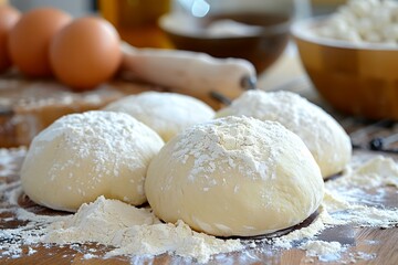 A few dough balls are sitting on a table covered in flour