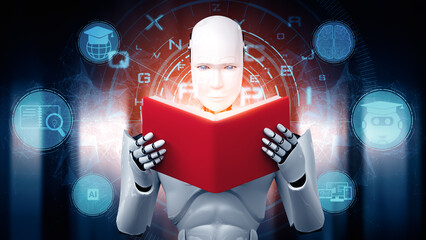 XAI 3d illustration 3D illustration of robot humanoid reading book in concept of future artificial intelligence and 4th fourth industrial revolution.