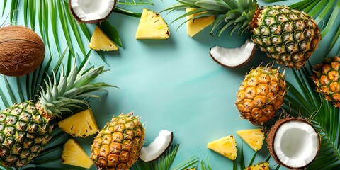Blue background with a variety of fruits including coconuts and pineapples