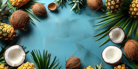 Blue background with a variety of fruits including coconuts and pineapples - obrazy, fototapety, plakaty