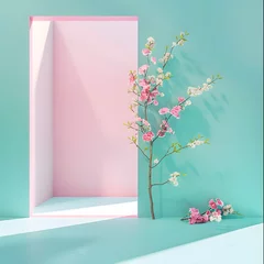 Foto op Canvas A flower branch full of pink buds in a simple elegant pastel color architectural space, minimalistic concept. © Olivera